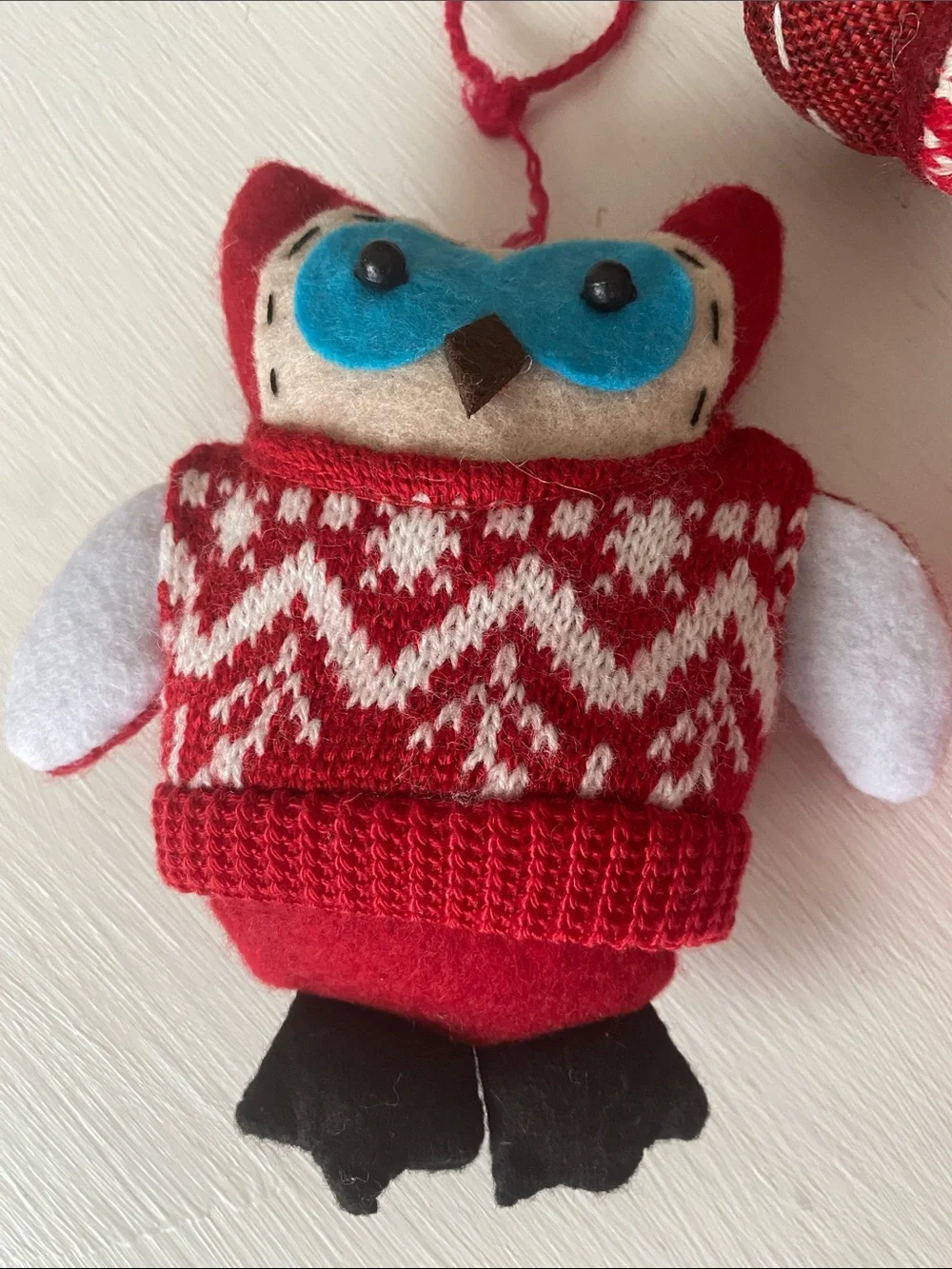 Set of 3 Handmade Red Knit Owl & Bird Holiday Ornaments